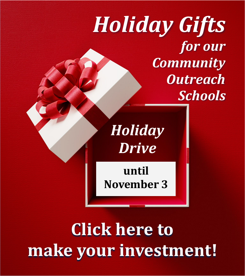 Holiday Drive image that links to the Community Outreach Schools Funds webpage